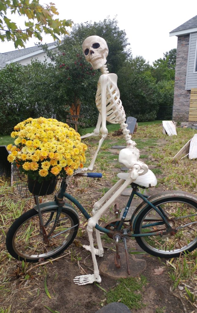 skeleton riding a bike with a basket of flowers