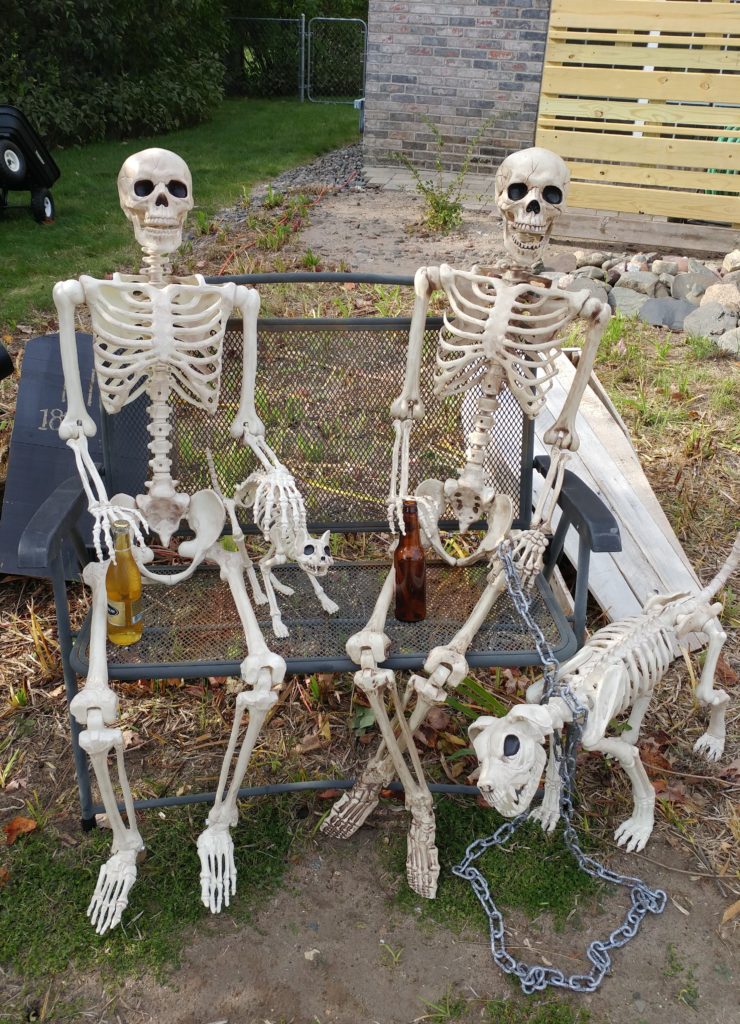 2 skeletons sitting on a bench having beers.