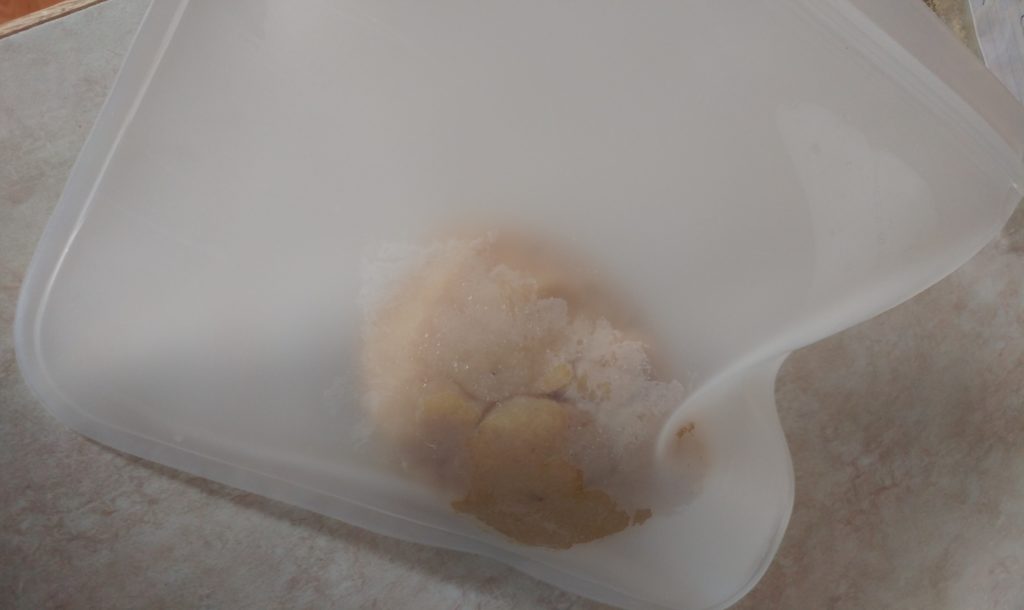 The dough ball in a bag after being in the fridge overnight.